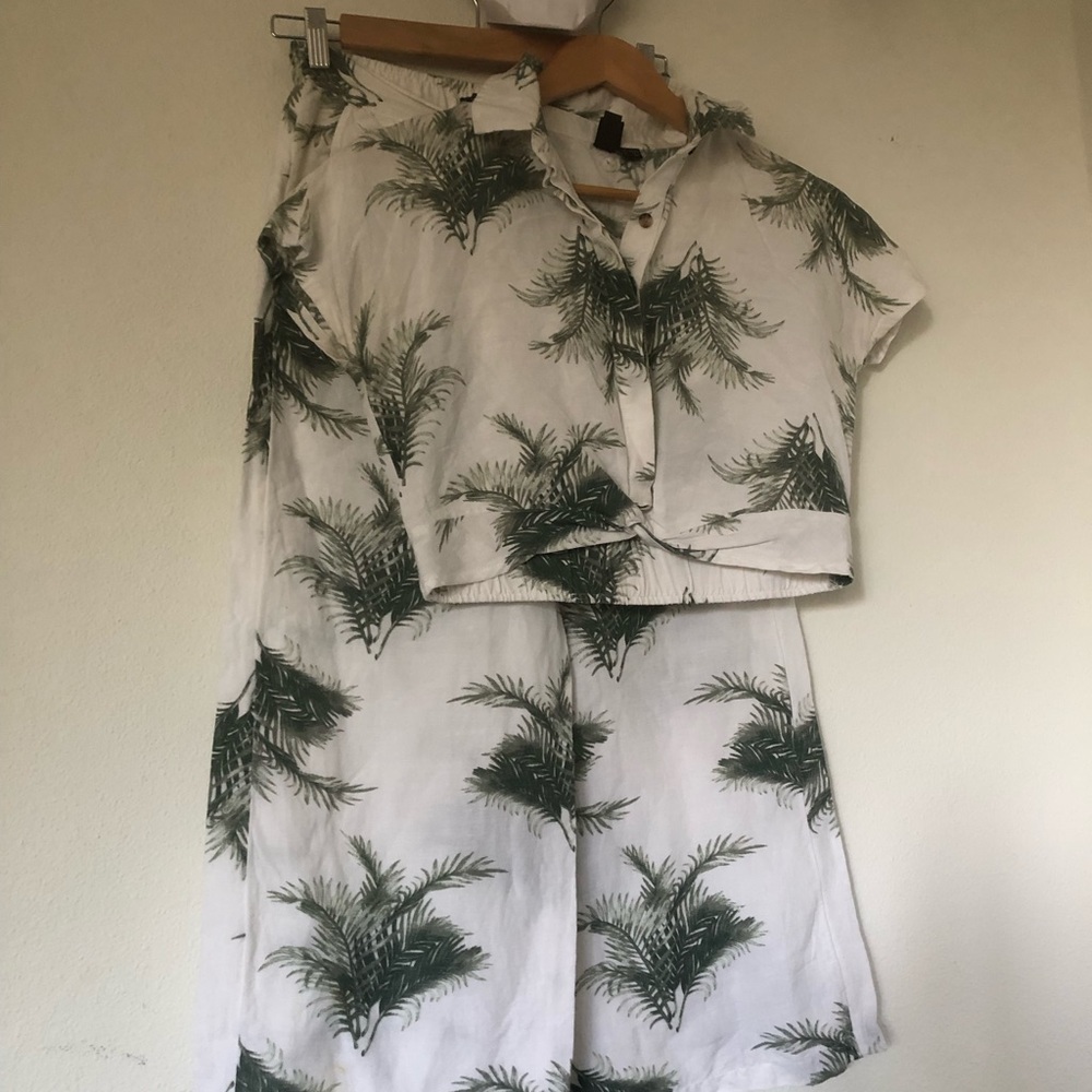 Women’s Linen Palm-Print/Tropical Two-Piece Set xs/s